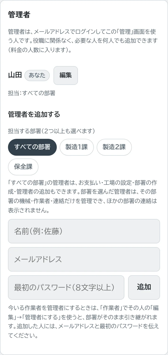 管理者の一覧と追加の欄